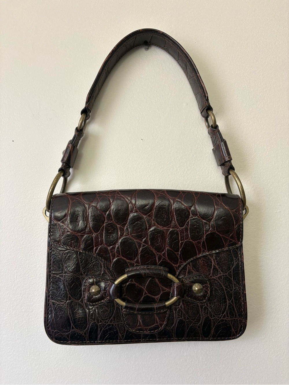 Dark Brown Croc-Embossed Shoulder Bag